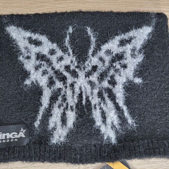 Minga London Dark Fly Knit Beanie Black Butterfly Cat Ear Style Hat Streetwear - Picture 2 of 7